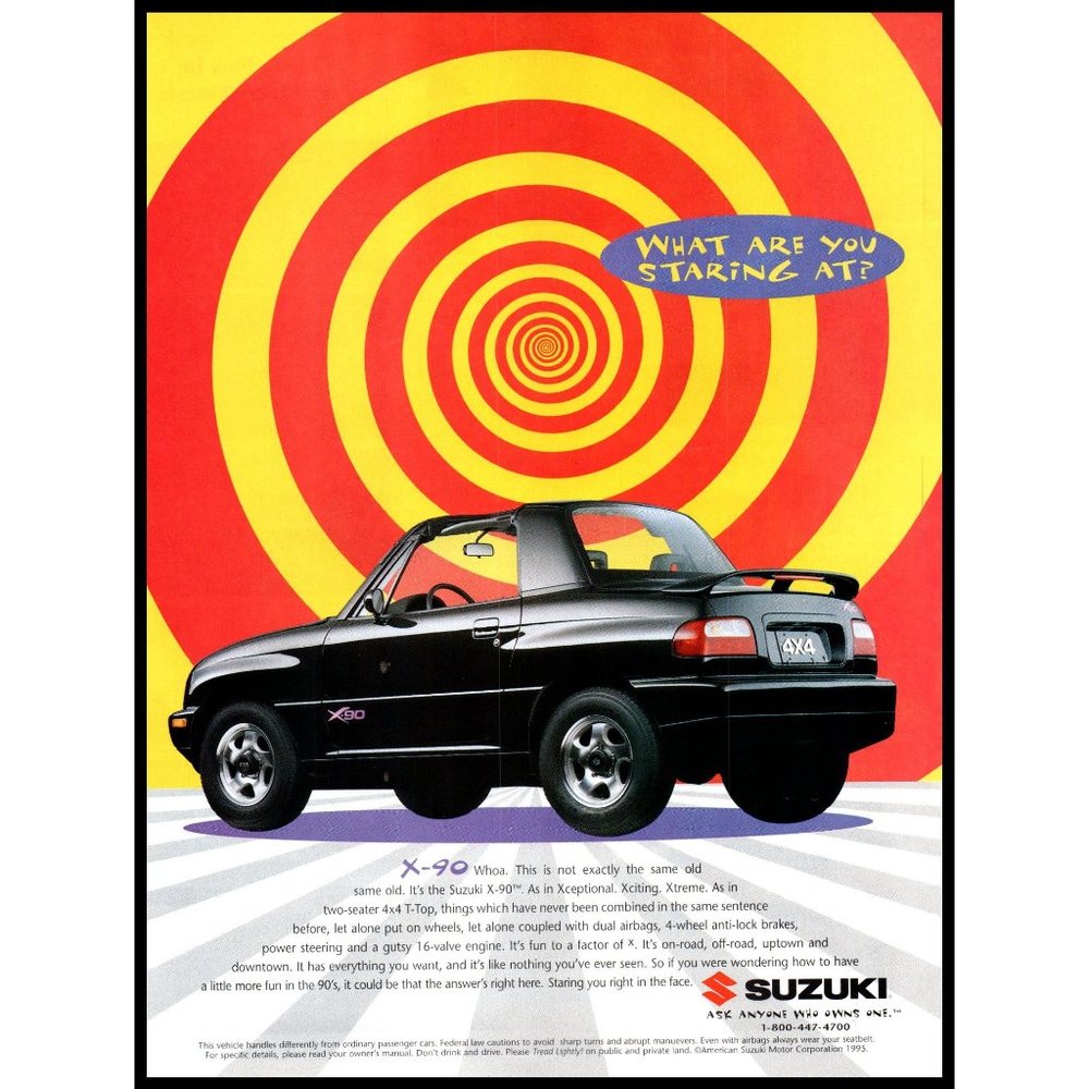 1996 Suzuki X90 4x4 Compact SUV Vintage Print Ad Hypnotize Hypnosis Wheel Art
